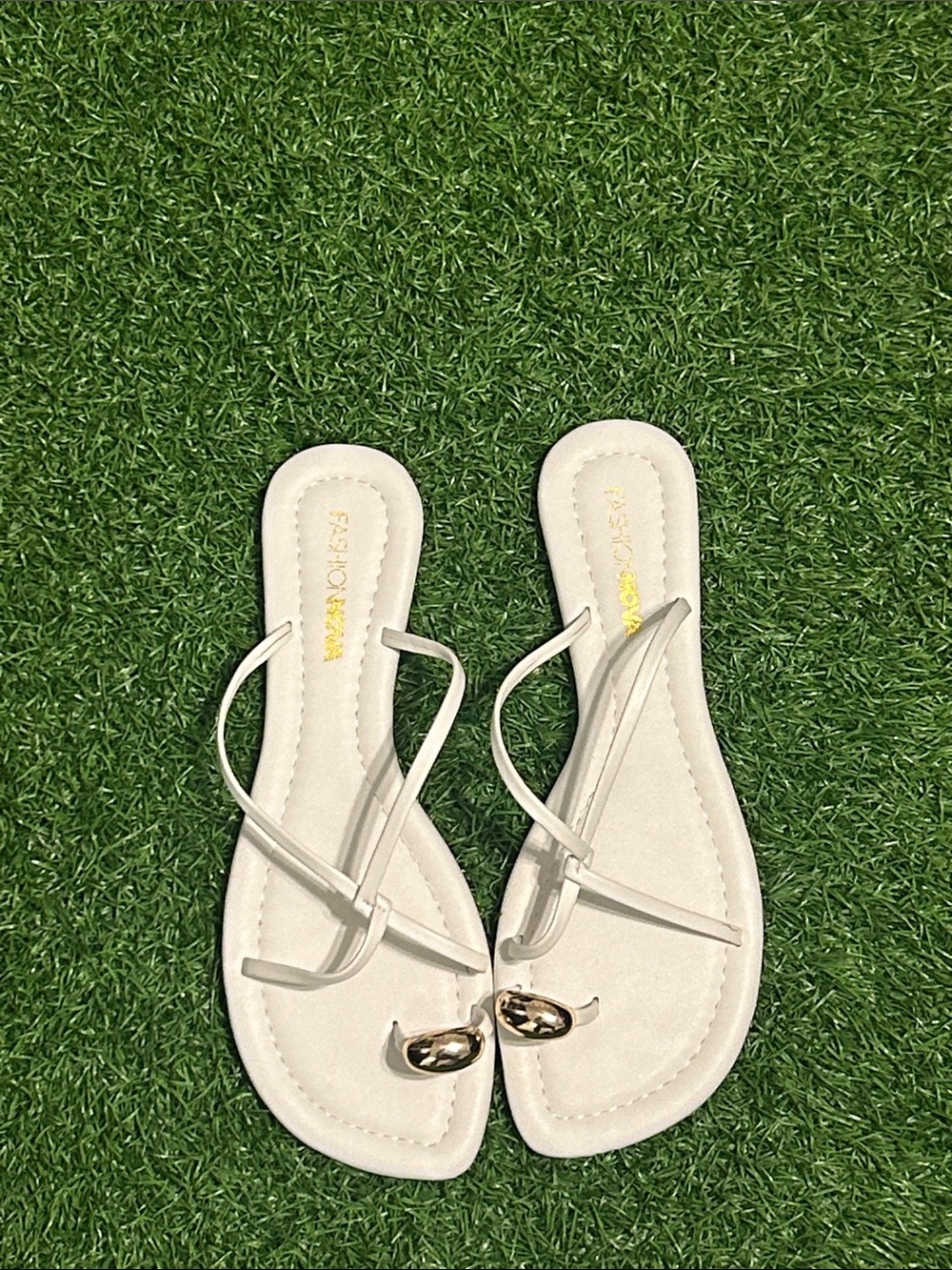 Fashion Nova White Strappy Toe-Ring Sandals with Gold Accent